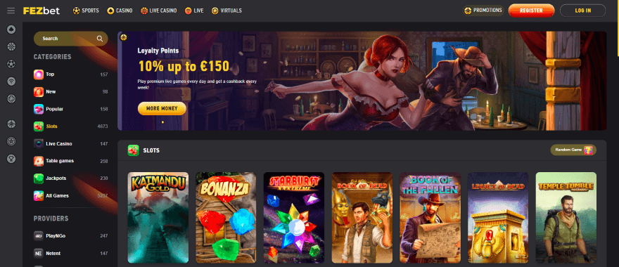 FEZbet review casino image showing slots and bonus. 