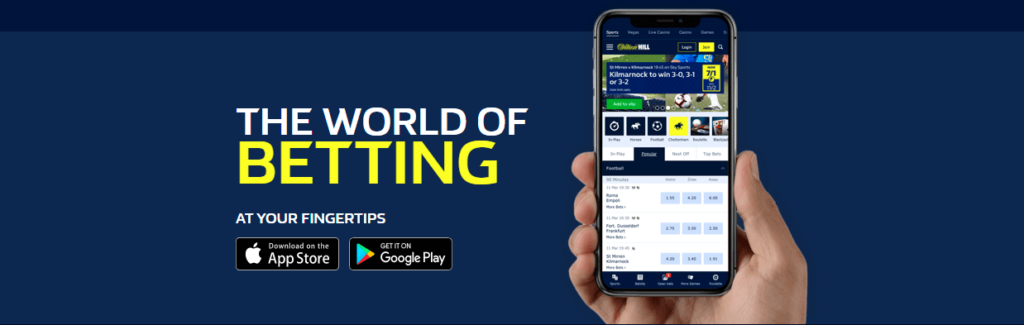 Hand holding a mobile phone with William Hill betting app