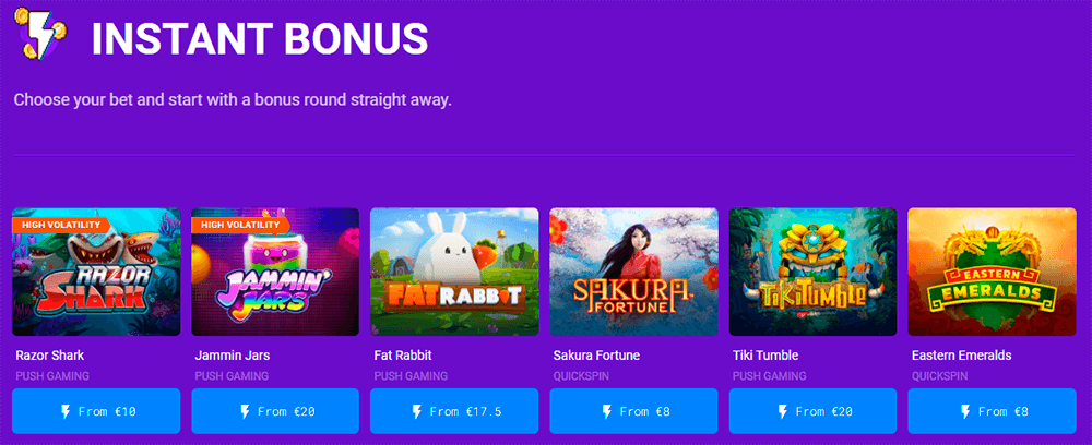 Image showing website Instant Bonus games section.