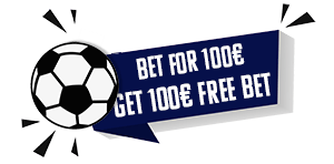 Image with a foobtall and text bet 100 get 100 in free bet in blue colours. 