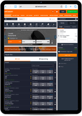 website of Betsson online betting site with sportdmarkets in organge colours for tablet.