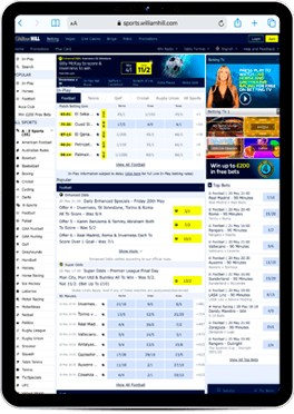 William Hill website on ipad with sports markets 