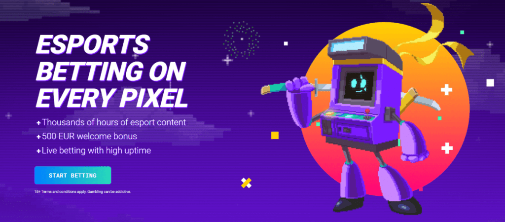 Pixel.bet review Esport betting banner with information on 500 euro welcome bonus, live betting and pro text