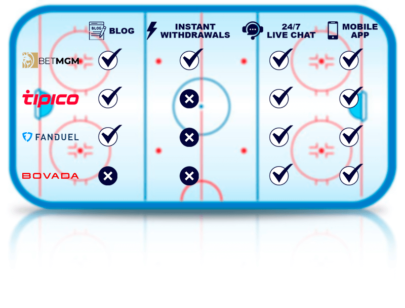 Image of top US betting sites in a table with a ice hockey rink in the background