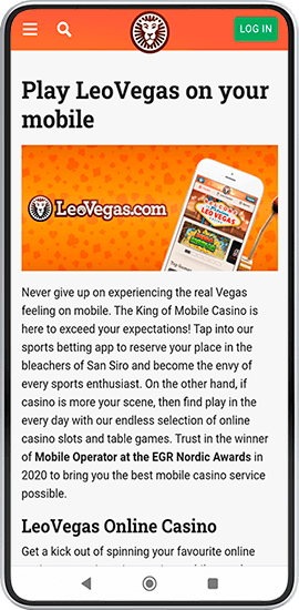 LeoVegas mobile casino  in a mobile screen with APK download app